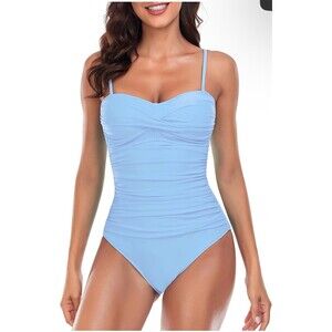OCEAN BLUES Women's Sea Blue One Piece Swimsuit Ruched Removable Strap Padded, L